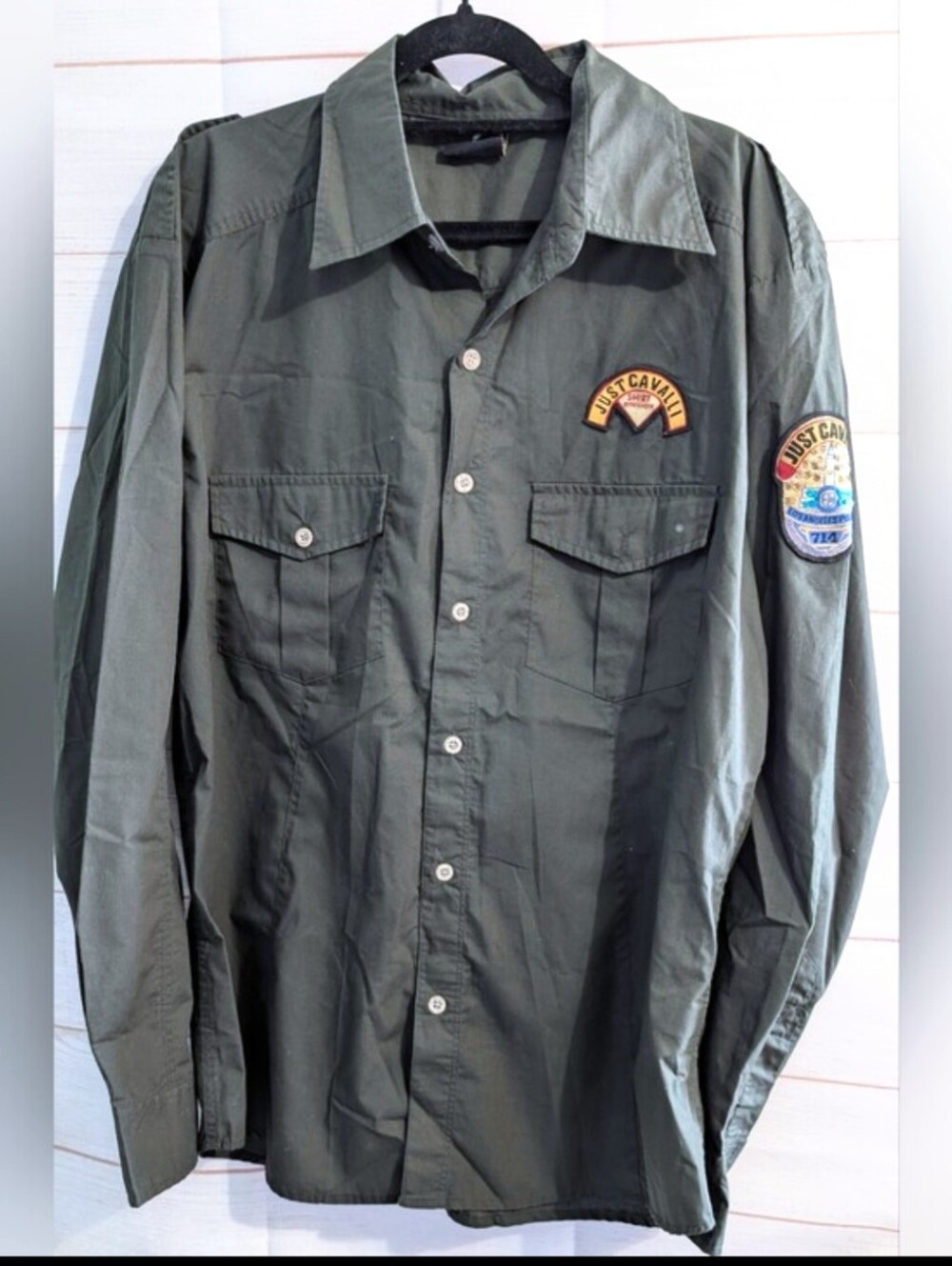 Rare Vintage Roberto Cavalli Just Cavalli Dark Olive Shirt w/ Ornate Patches